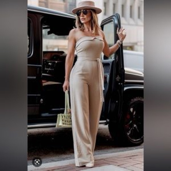 Byegreis Pants - Strapless Elegant Beige Jumpsuit by Byegreis M